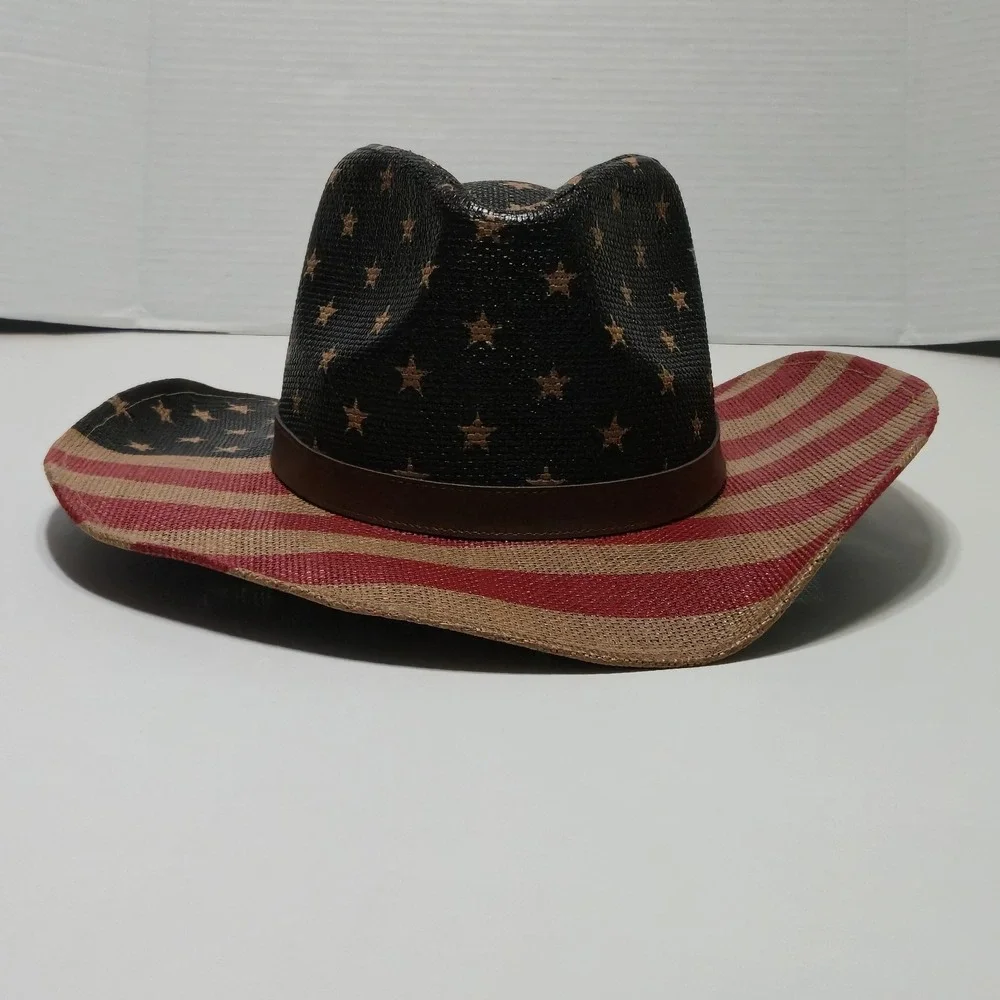 American Flag Cowboy Hat Woven Paper Straw Patriotic USA Western One Size
